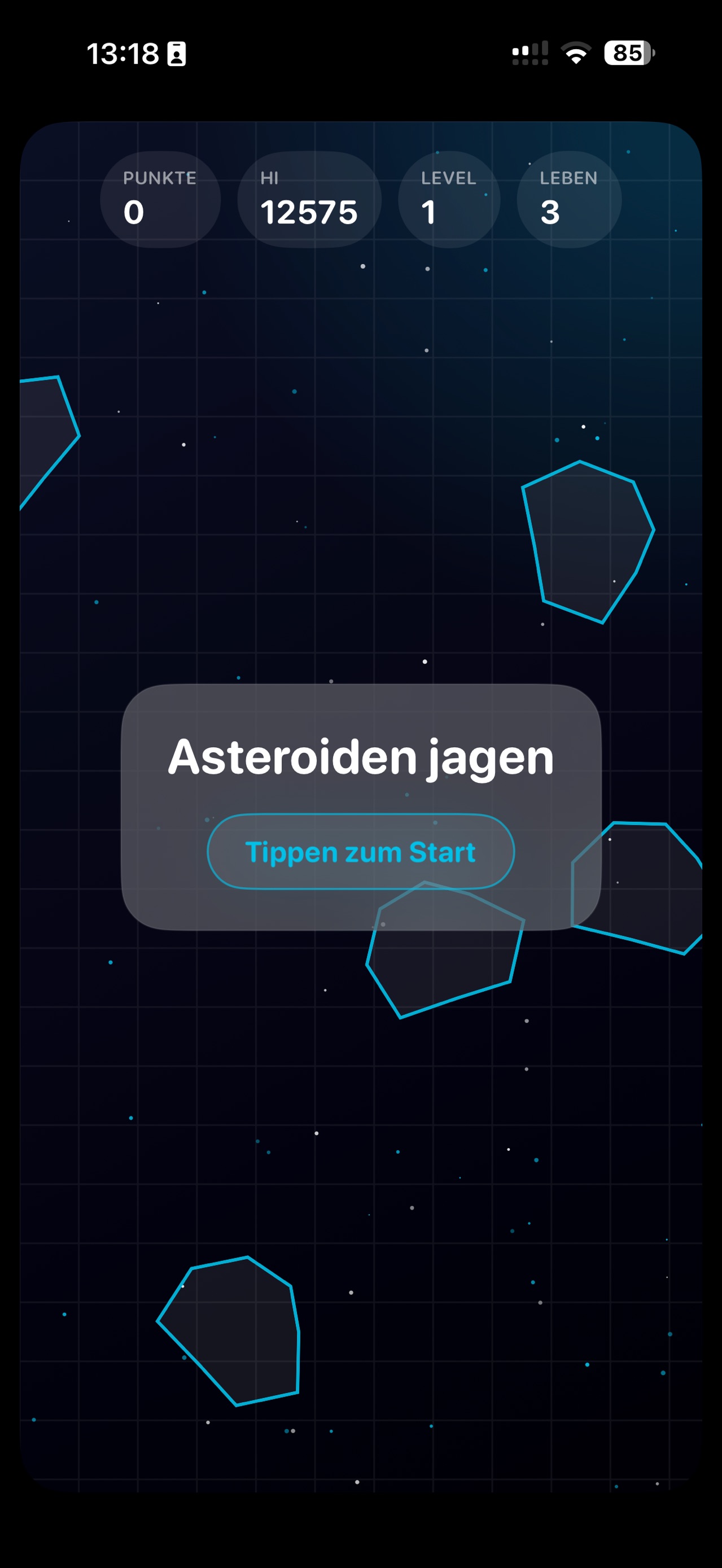 Startansicht des Spiels Asteroidenjagen